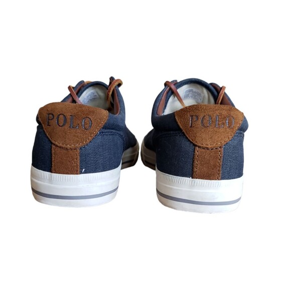 Polo Ralph Lauren  Men's Size US 11.5D Blue Canvas Thorton Brown Leather Sneaker - Picture 7 of 11